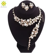Elegant Simulated Pearl Bridal Jewelry Sets Wedding Jewelry Leaf Crystal Gold Color Necklaces Earrings Bracelet Ring Sets