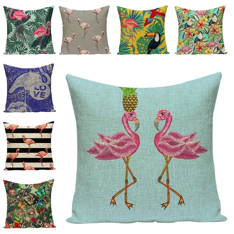 

Flamingos Animal Printed Pillow Cover Cotton Linen Tropical Rainforest Chair Cushion Art Car Pillowcases Sofa Throw Pillow Cases