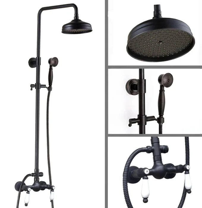 

Black Oil Rubbed Brass Dual Ceramic Handle Bathroom 8 Inch Round Rain Shower Faucet Set Bath Mixer Tap Hand Shower mrs477