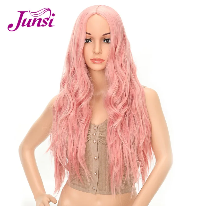 

JUNSI Long Water Wave Synthetic Wig Middle Part Pink Wave Ladies Natural Heat Resistant Fiber Wig