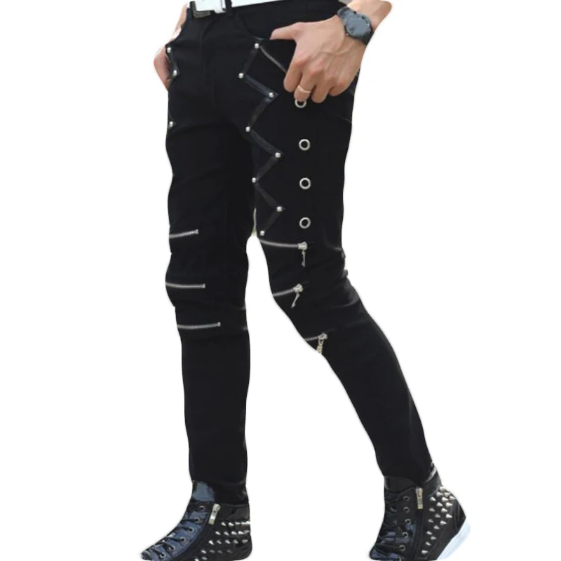 

Mens Punk Skinny Pants For Man Cool Cotton Casual Pants Zipper Slim Fit Black Goth Trousers 2018 Autumn New