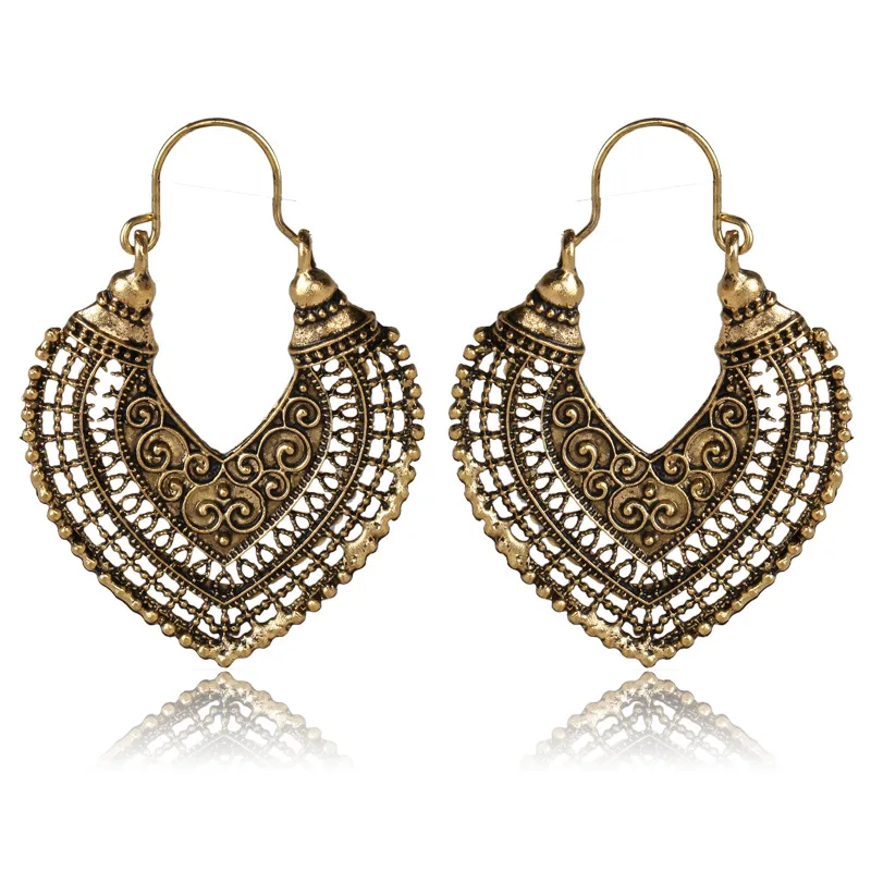 Bobemian Antique Gold Large Hanging Earrings Hollow Heart Design Ethnic