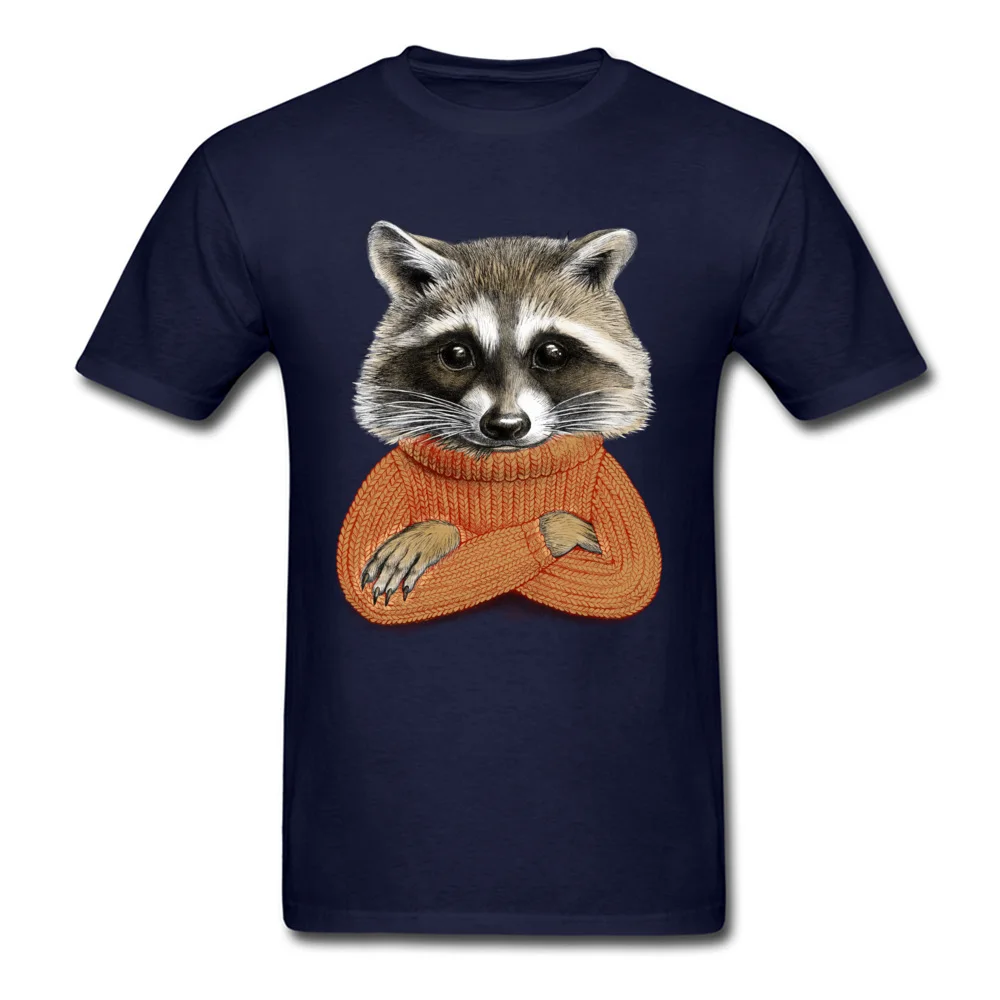 Normal Short Sleeve Tops Shirt Summer/Fall O-Neck 100% Cotton Men Tshirts Raccoon in winter sweater Normal Tee Shirts Fashion Raccoon in winter sweater navy