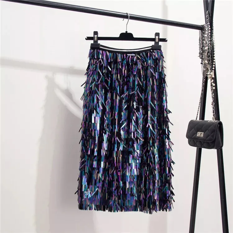 Весна осень Новое поступление женские юбки с блестками тонкая юбка миди с высокой талией RE2374