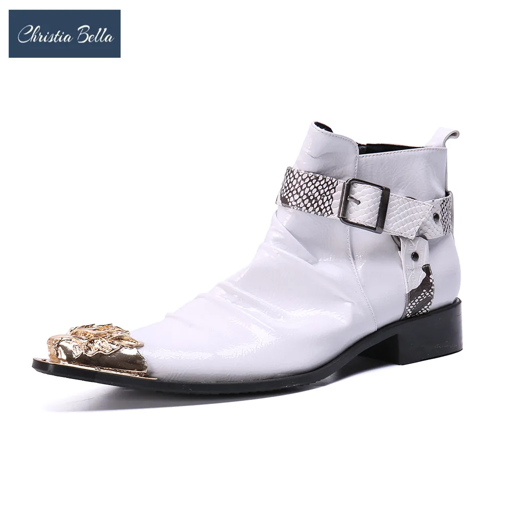 Новая модная мужская офисная обувь из натуральной кожи с пряжкой большого размера металлический острый носок молния официальная обувь для вечеринок - Цвет: Белый