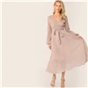 SHEIN модное блестящее плиссированное платье с v-образным вырезом и поясом, летнее платье трапециевидной формы,, гламурные розовые платья с высокой талией