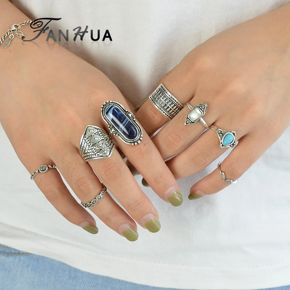 FANHUA 8pcs/set Bohemia Vintage Punk Midi Rings Brown Gold Silver Color Knuckle Ring Blue Stone Set Jewelry Accessories | Украшения и