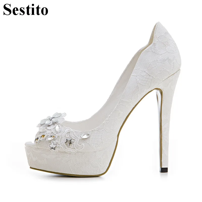 

Sweet White Lace Crystal Flower High Heels Peep Toe Super High Heel Platform Wedding Pumps Women Thin Heels Slip-on Women Shoes