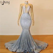 Блестящий серебряный просвечивающий с высоким воротником Русалка Выпускные платья Длинные Кружева блестки бисером спинки шикарные вечерние платья Формальное вечернее платье