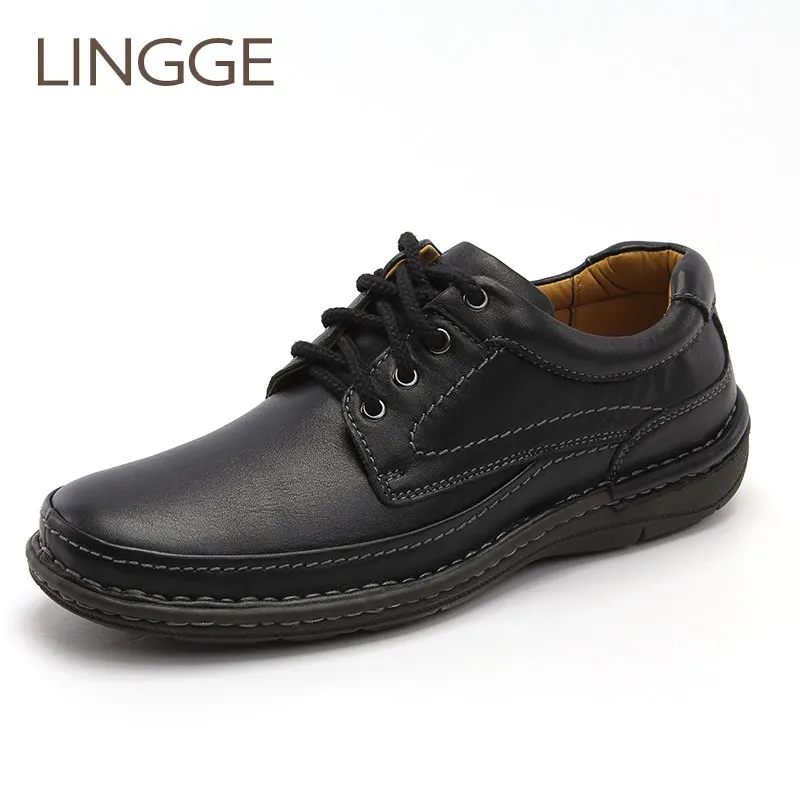 

LINGGE Brand lace-up men's shoes casual basic genuine leather men shoe big size non-slip rubber shoes leisure spring shoe