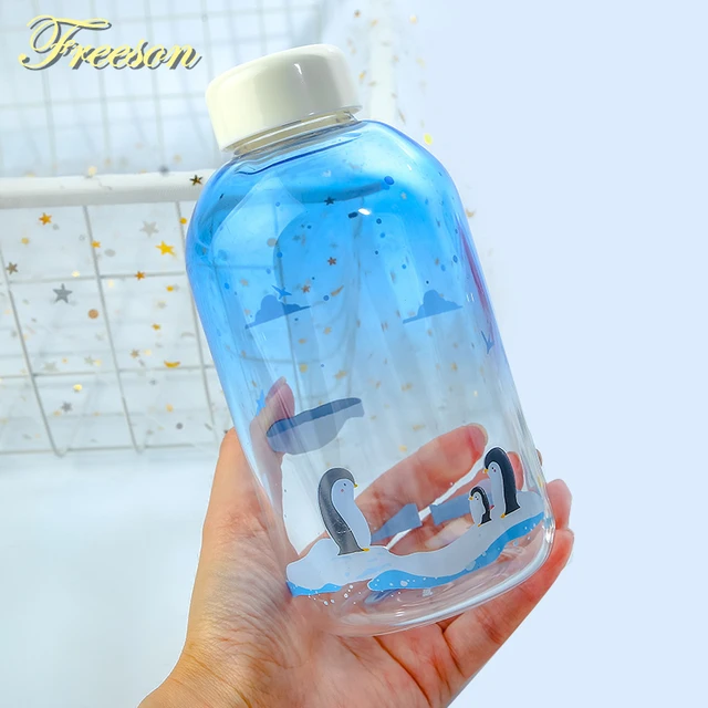 Gradient Blue Glass Water Bottle Cute Polar Bear Seal Bottles Kawaii Cup  600ml Camping Bottle Tour Drinkware Sport Waterbottle