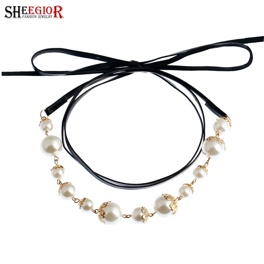 

SHEEGIOR Love Simulated Pearl Pendant Necklace Women Gold color Flower Choker Necklace Long Black Leather Rope Necklaces Jewelry