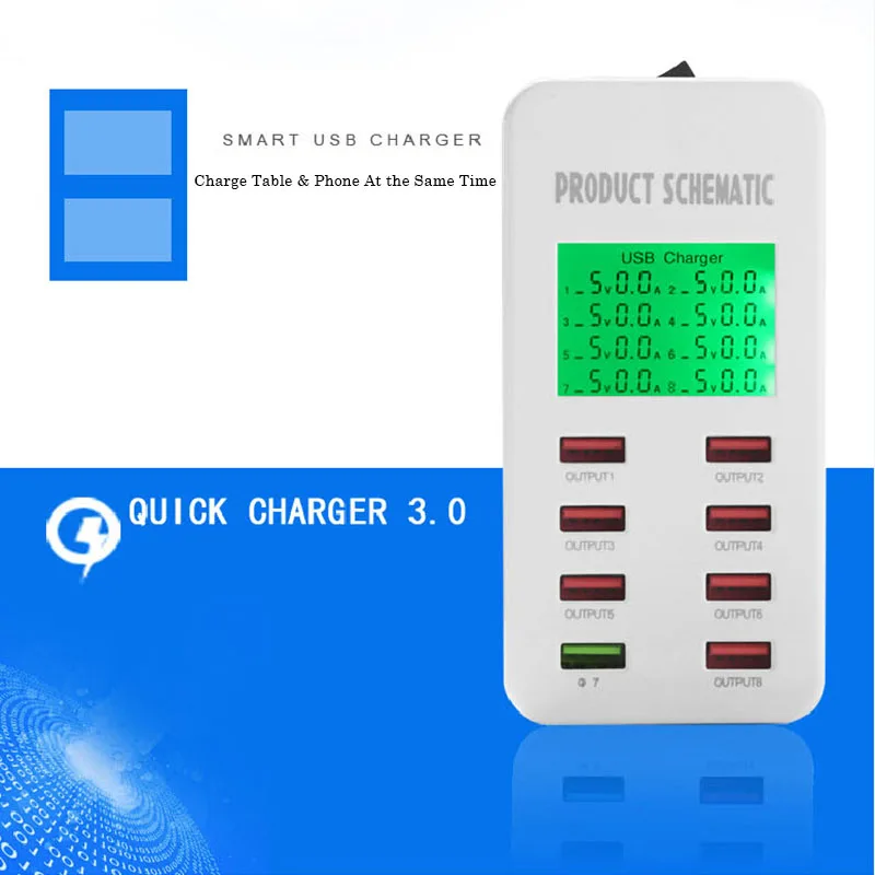 QC 3 0 USB зарядное устройство 8 портов 5V7A ЖК дисплей быстрое для iPhone XS MAX iPad AMSUNG S10 + S9