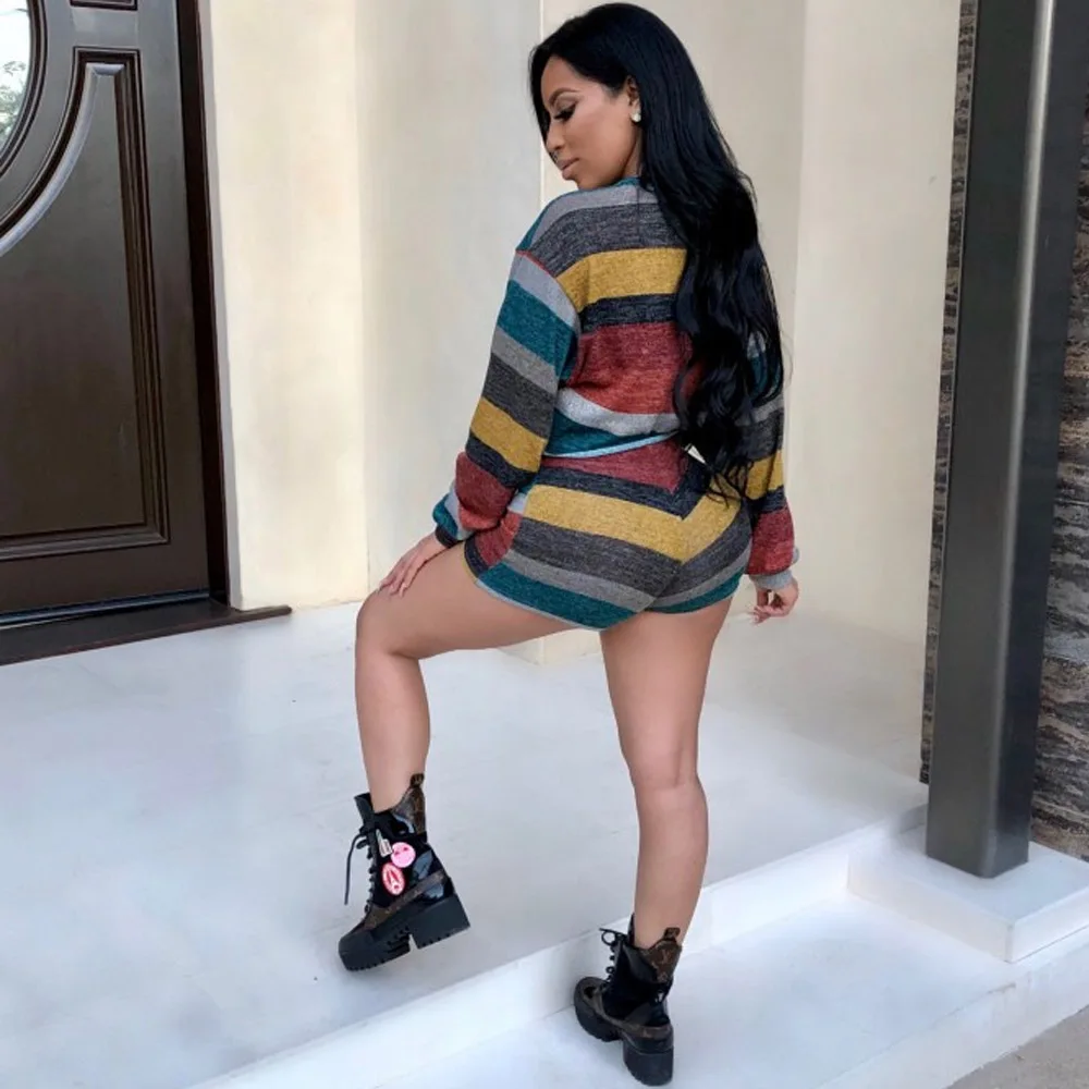 Two Piece Set Striped Playsuits Casual Short Pants Jumpsuit Rompers Sexy Crop Top Bodycon Overalls Long Sleeve Women Bodysuit