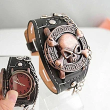 Unisex Steampunk Skull Cover Wristbands Gothic Punk Biker Quartz Wrist Watch
