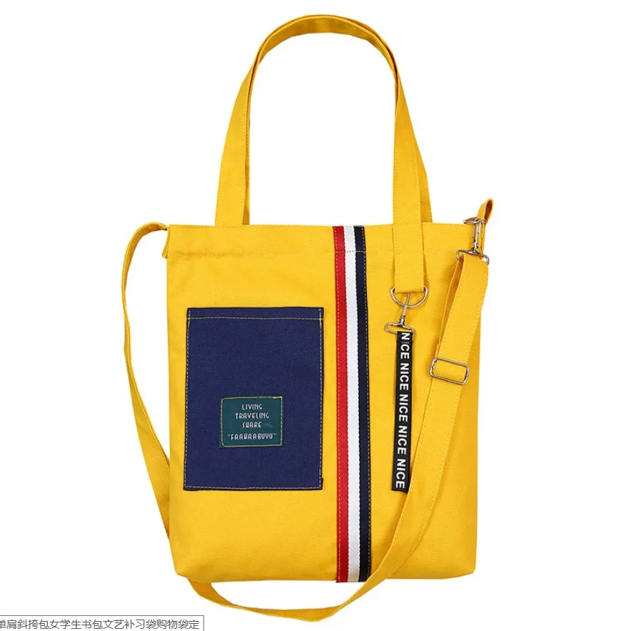 

New Fashion Zipper Shoulder Bags Patchwork Shopping Bag Single Shoulder Black Yellow Canvas Cloth Bag Zipper Eco Shopping Bag