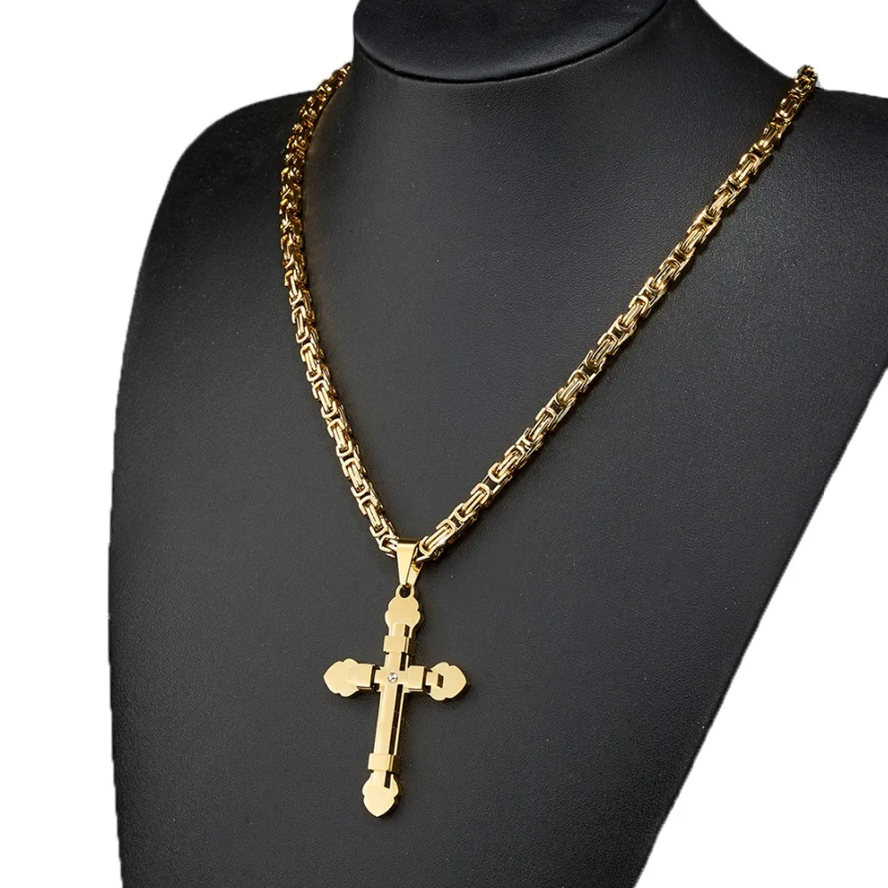 Полированное ожерелье с подвеской в виде Креста для мужчин и женщин, нержавеющая сталь, серебро, золото, черный тон, 5 мм, византийская цепочка, ювелирное изделие