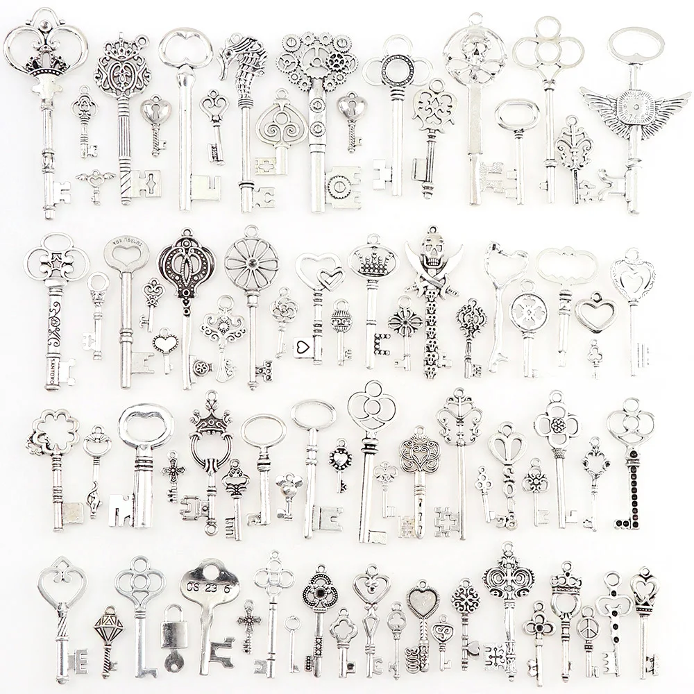 80 шт./лот, смешанный античный серебряный цвет, винтажный набор ключей, бусины, браслеты, Очаровательные Подвески, модные ювелирные изделия, фурнитура для изготовления
