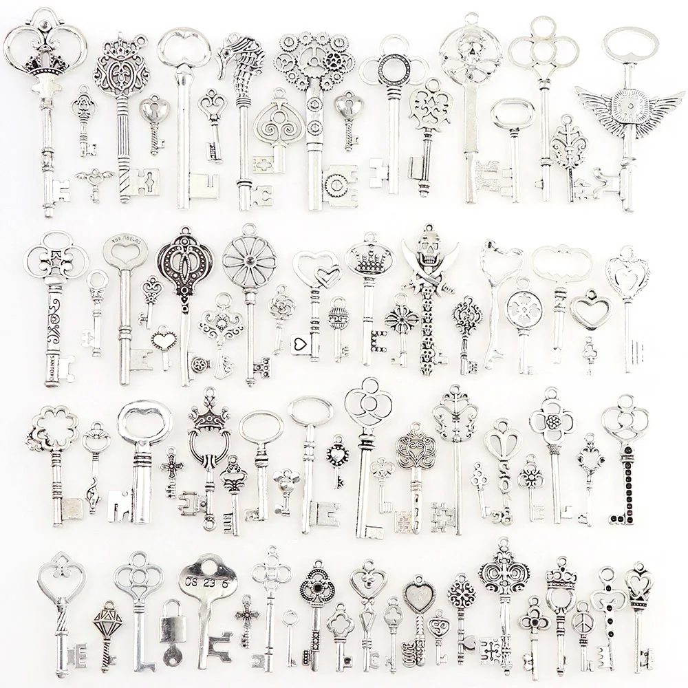 

80pcs/lot Mixed Antique Silver Color Vintage key Series Set Beads Bracelets Charm Pendants Fashion Jewelry Making Findings