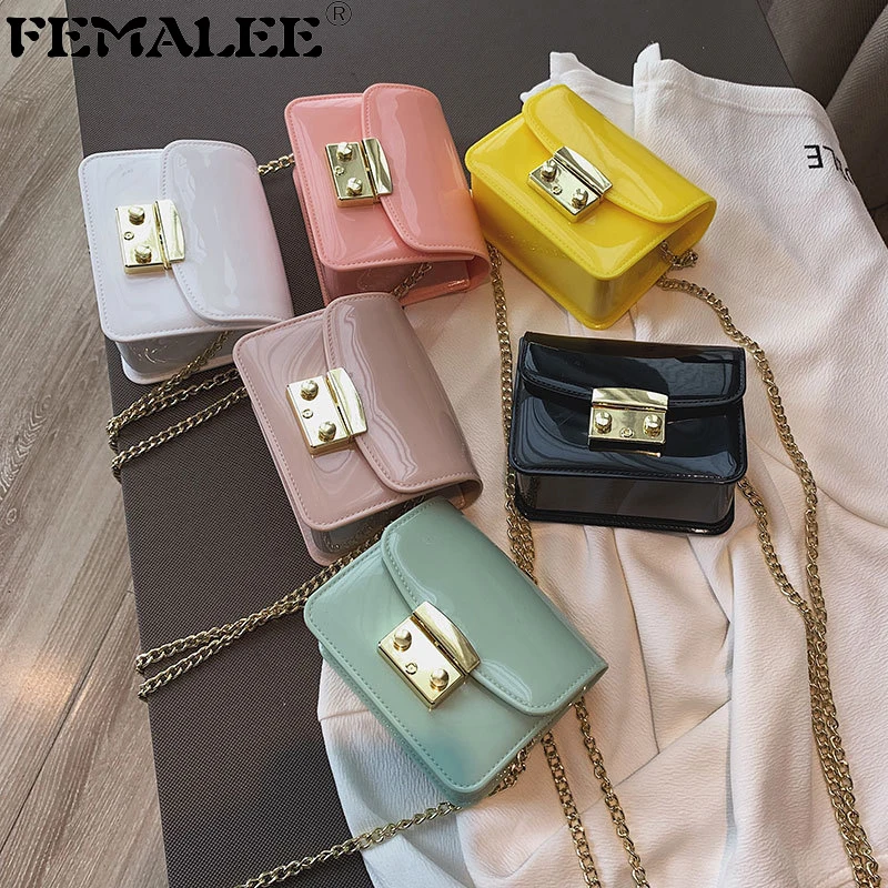 

Women Patent Leather Mini Cute Shoulder Bag 2019 Chains Candy Color Bag Lady Lock Luxury Cross Body Bag Jelly Messengers