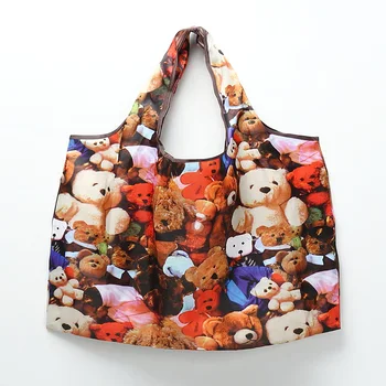 

2019 Japanese cute cartoon folding portable green tote bag waterproof Oxford cloth large capacity storage shopping bags
