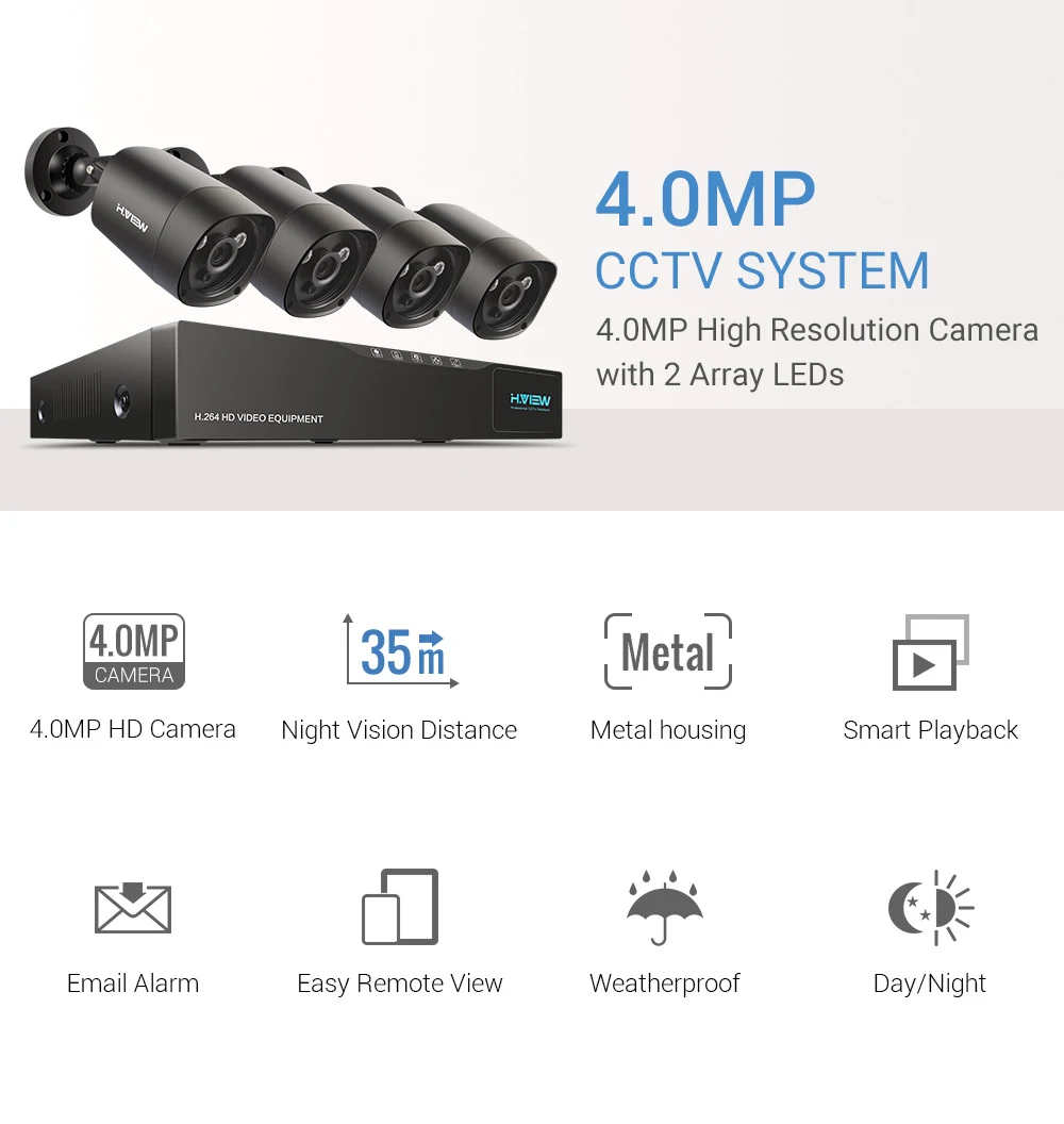H.View CCTV System 4.0 MP Video Surveillance Kit CCTV Outdoor 4CH DVR CCTV Camera Set  Home Security Wireless Cameras (1)