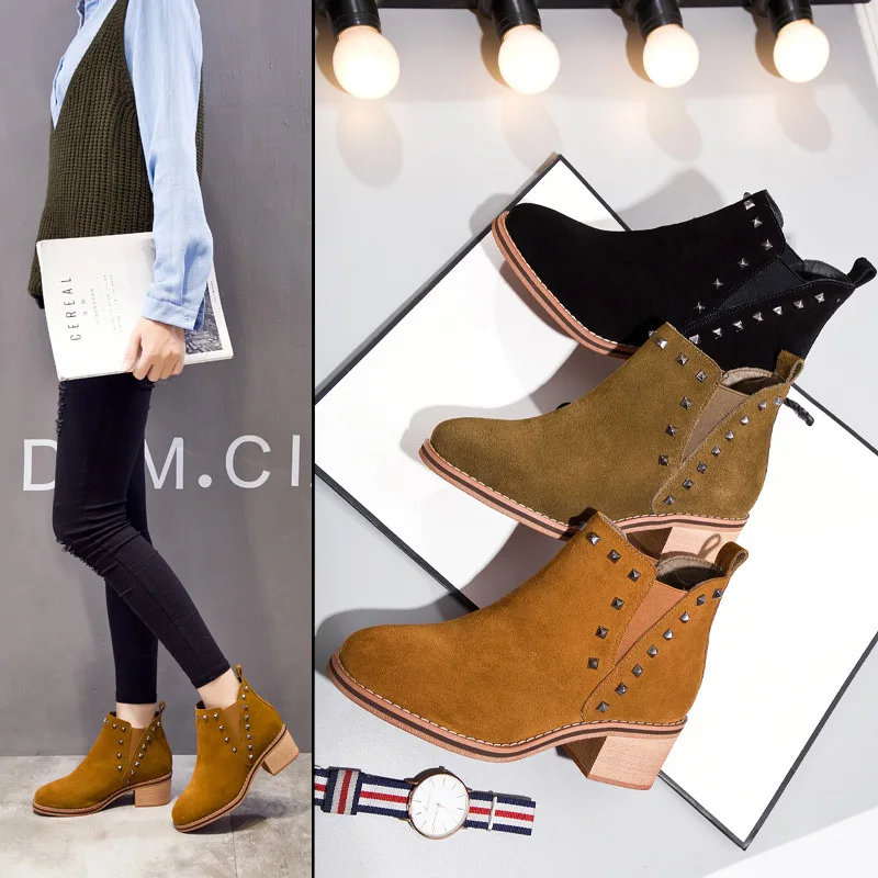 

Ankle Round Toe Leisure Flock Chelsea Boots Women Med Square Heel Elastic Band Martin Boots Rivet Sewing Solid Ladies Shoes