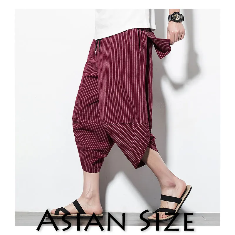 Sinicism Store Мужские штаны-шаровары в стиле хип-хоп летние брюки мужские повседневные штаны мужские полосатые брюки длиной до икры в китайском стиле 5XL - Цвет: Burgundy(Asian Size)