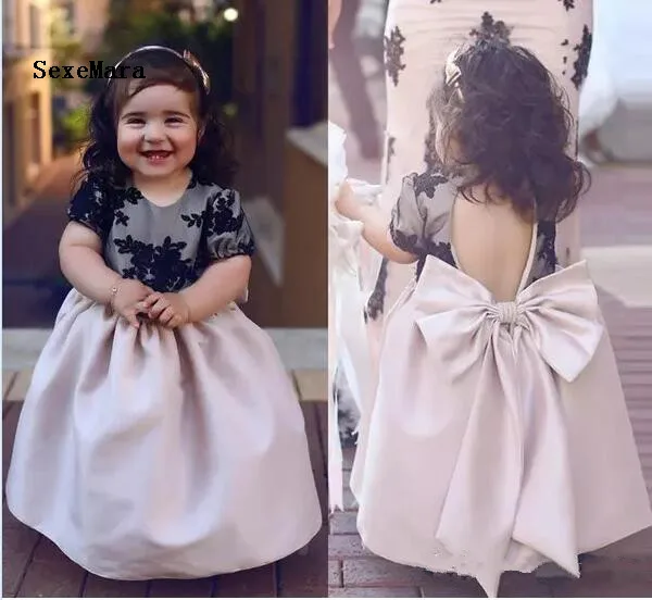 Lovely Black Lace Baby Girl Birthday Dress Flower Girl Dresses with Bow Ankle Length Kids Formal Party Dress Christmas Dress