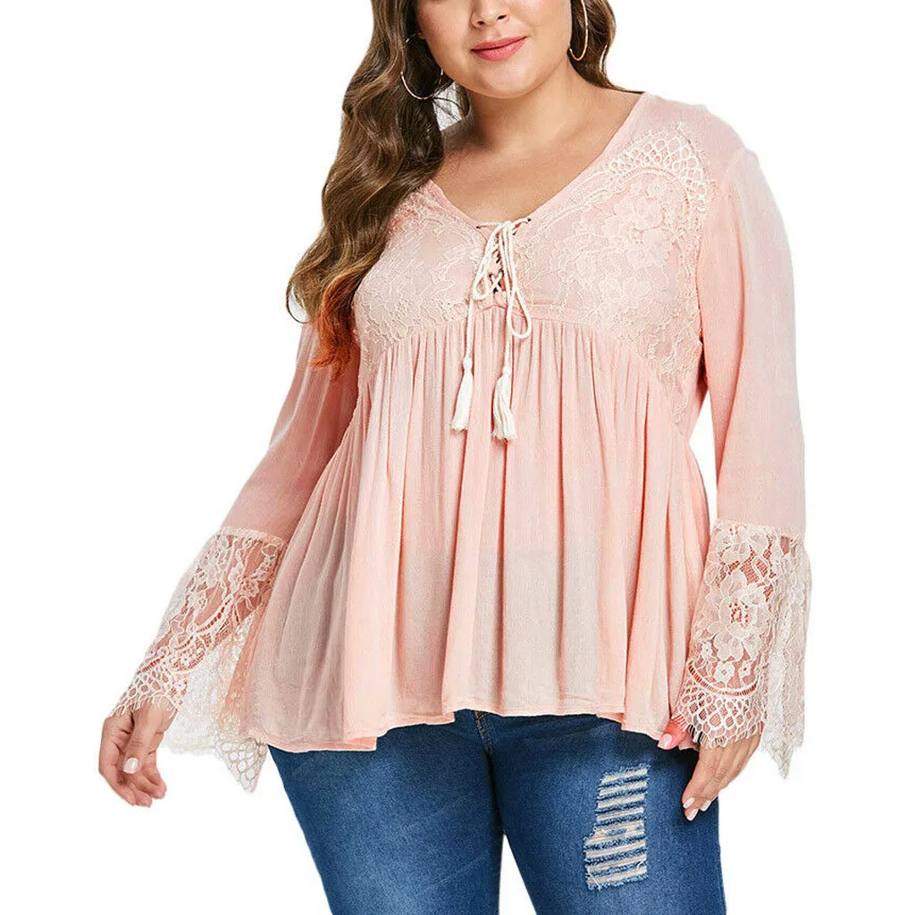 

Women Lace Blouses 2019 Autumn Women's Plus Size Solid Color Casual V-neck Lace Stitching Flare-Sleeved Shirt Blusas Femininas