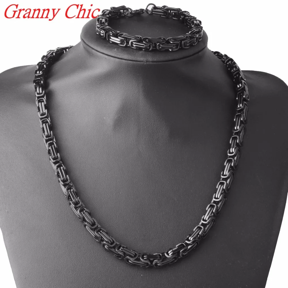 

Granny Chic JEWELRY SET 4/5/8mm Mens Chain Boys Bracelet Black Box Byzantine Link Stainless Steel 22" Necklace 8.6" Bracelet Set
