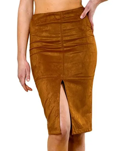 Customize WomanPachwork Faux Suede Simple Apparel Spring Autumn Winter Casual Knee-Length Skirts Split Front Pencil Skirt Brown | Женская