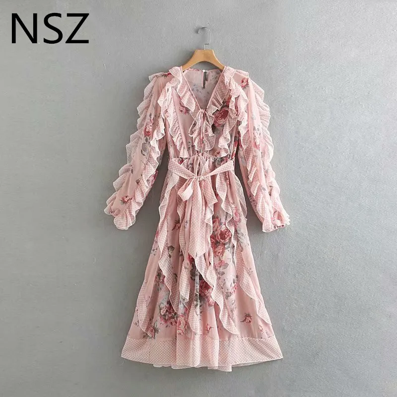 

NSZ Women Ruffle Summer Chiffon Dresss Lamination Floral V-neck Long sleeve Midi Dress with Belt