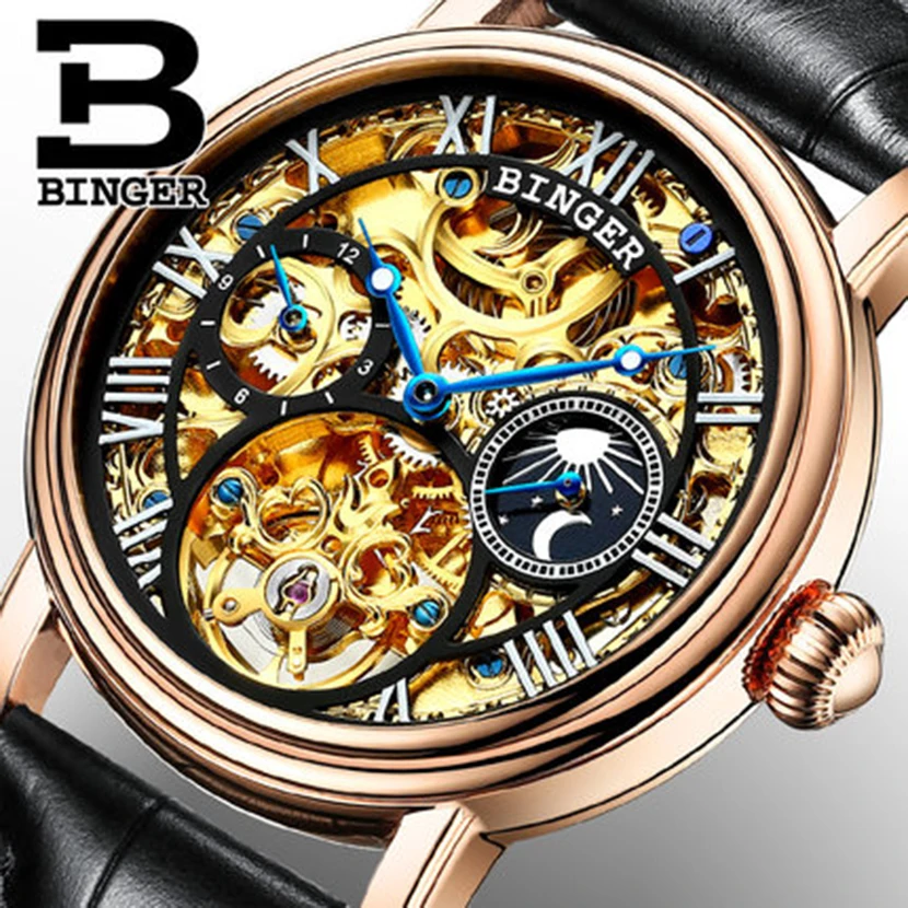 Оригинальные Роскошные Брендовые мужские часы Бингер, механические сапфировые модные автоматические стальные золотые часы с турбийоном, водонепроницаемые