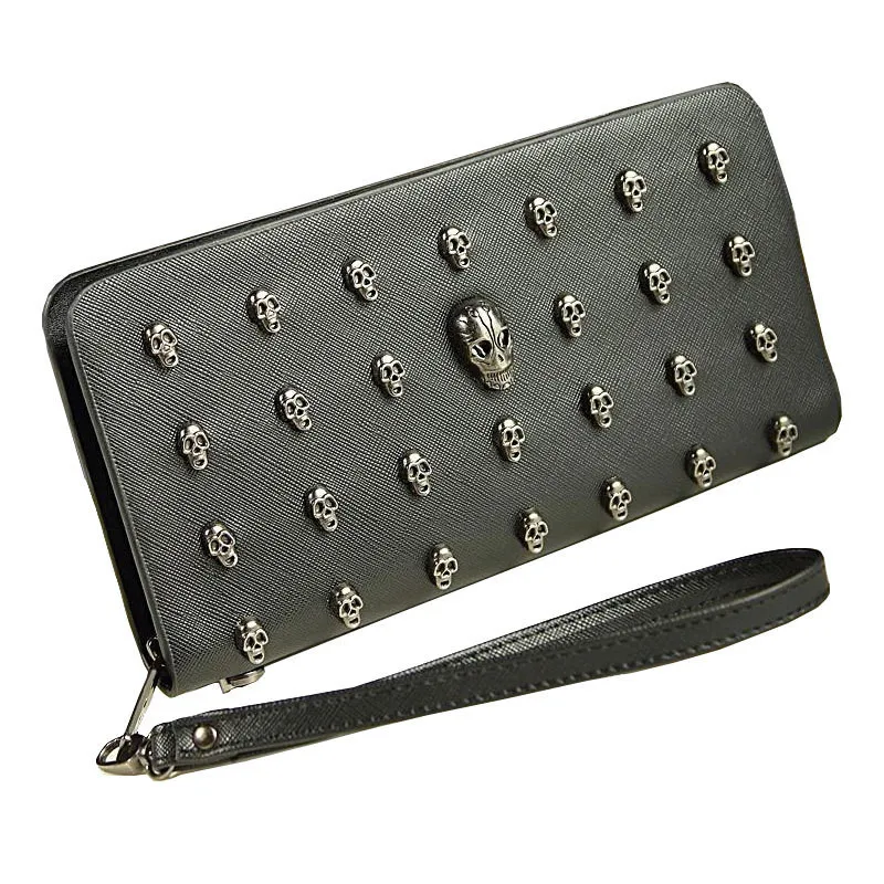

2019 New Men Leather Bag Skull Wallet Personality Clutch Bags Rivets PU Leather Purse Quality Zipper Card Holder Punk Wallets