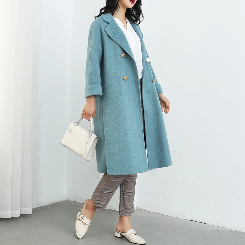 Двустороннее кашемировое пальто весна новое шерстяное пальто для женщин зимние пальто с широкой талией синие пальто с широкой талией