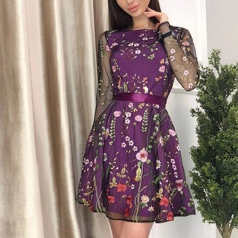 

Sexy Floral Embroidered Mini Dress Women Summer Transparent Mesh Dress Long Sleeve Bohemian Plus Size A Line Dresses Vestidos