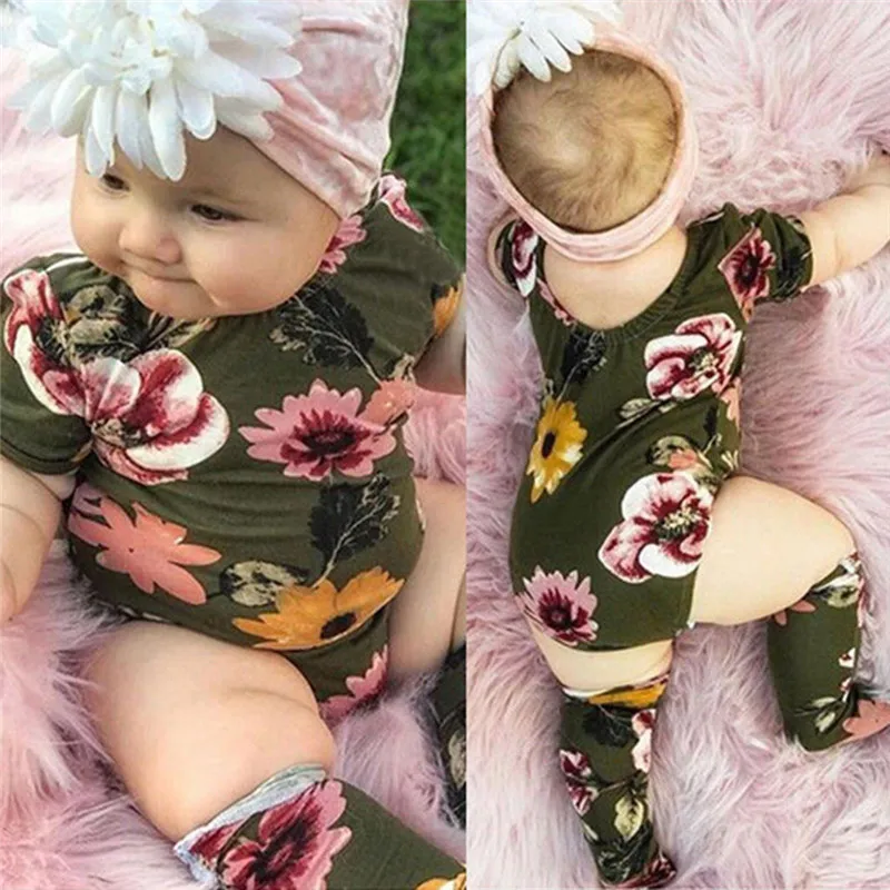 

3PCS Baby Girl Newborn Toddle Infant One-neck Floral Stockings Set Newborn Bodysuit Clothes Outfit 0-18M Baby Body Clothes