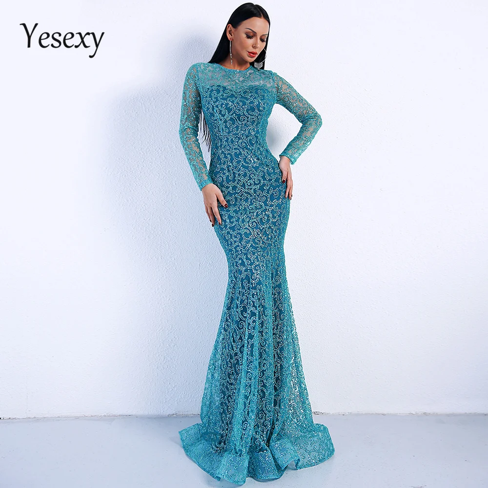 Yesexy, сексуальное весеннее и летнее платье с круглым вырезом и длинным рукавом, блестящее женское тонкое элегантное платье макси для вечеринки, Vestdios VR8581-3