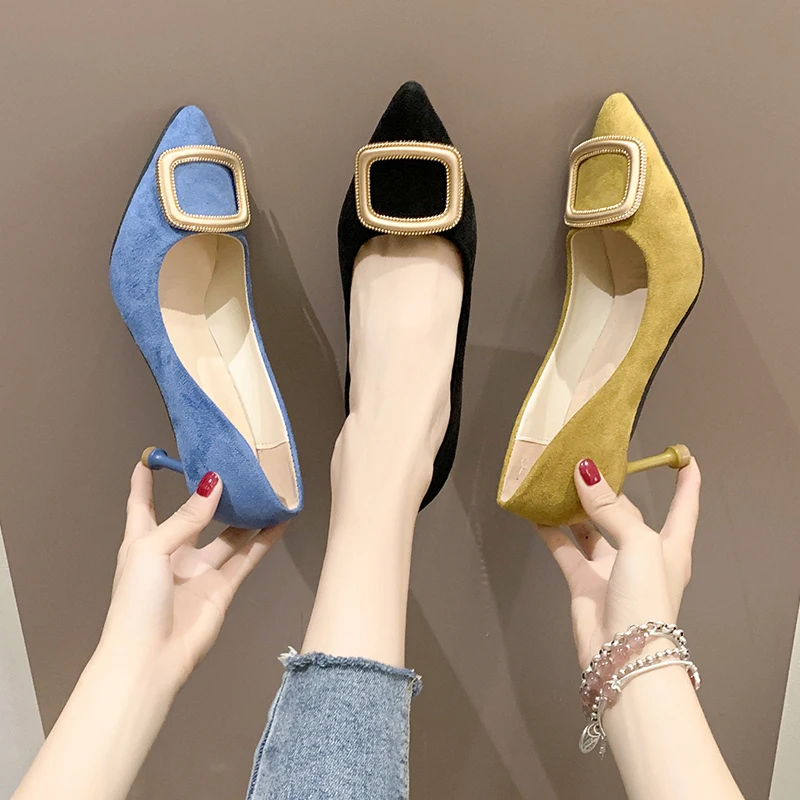 

Big Size 34-43 Women Dress Shoes Square Buckle High Heels Boat Shoes Faux Suede Office Shoes Woman Thick Heels Pumps 76C63