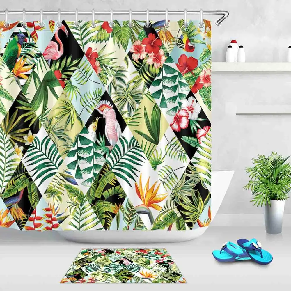 LB тропический лист джунгли попугаи и розовый Фламинго удлиненные занавески для душа лайнер ванная комната водонепроницаемый ткань для ванной Декор - Цвет: Curtain and mat set