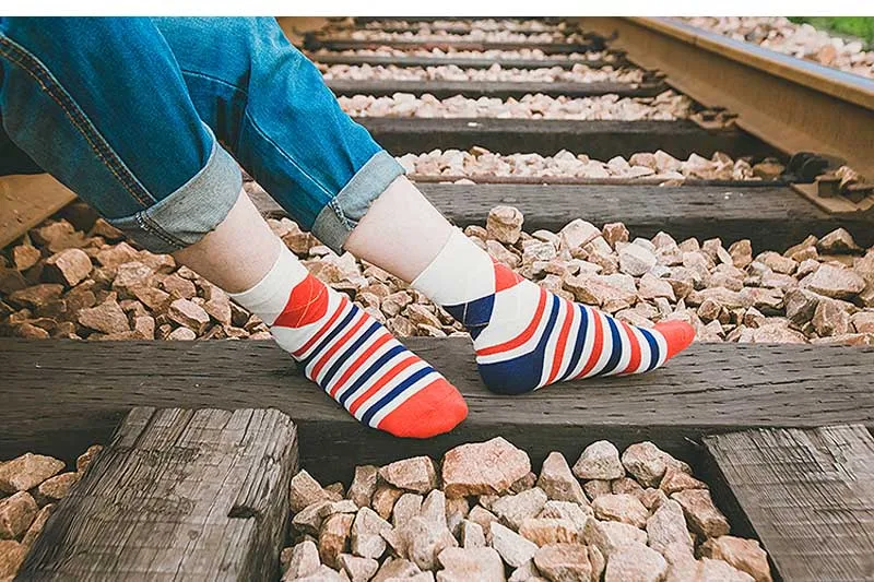 Британский стиль Мужские Экипаж хлопковые носки в полоску носки выше лодыжки Повседневные носки хараюку Popsocket забавные брендовые Новые 5