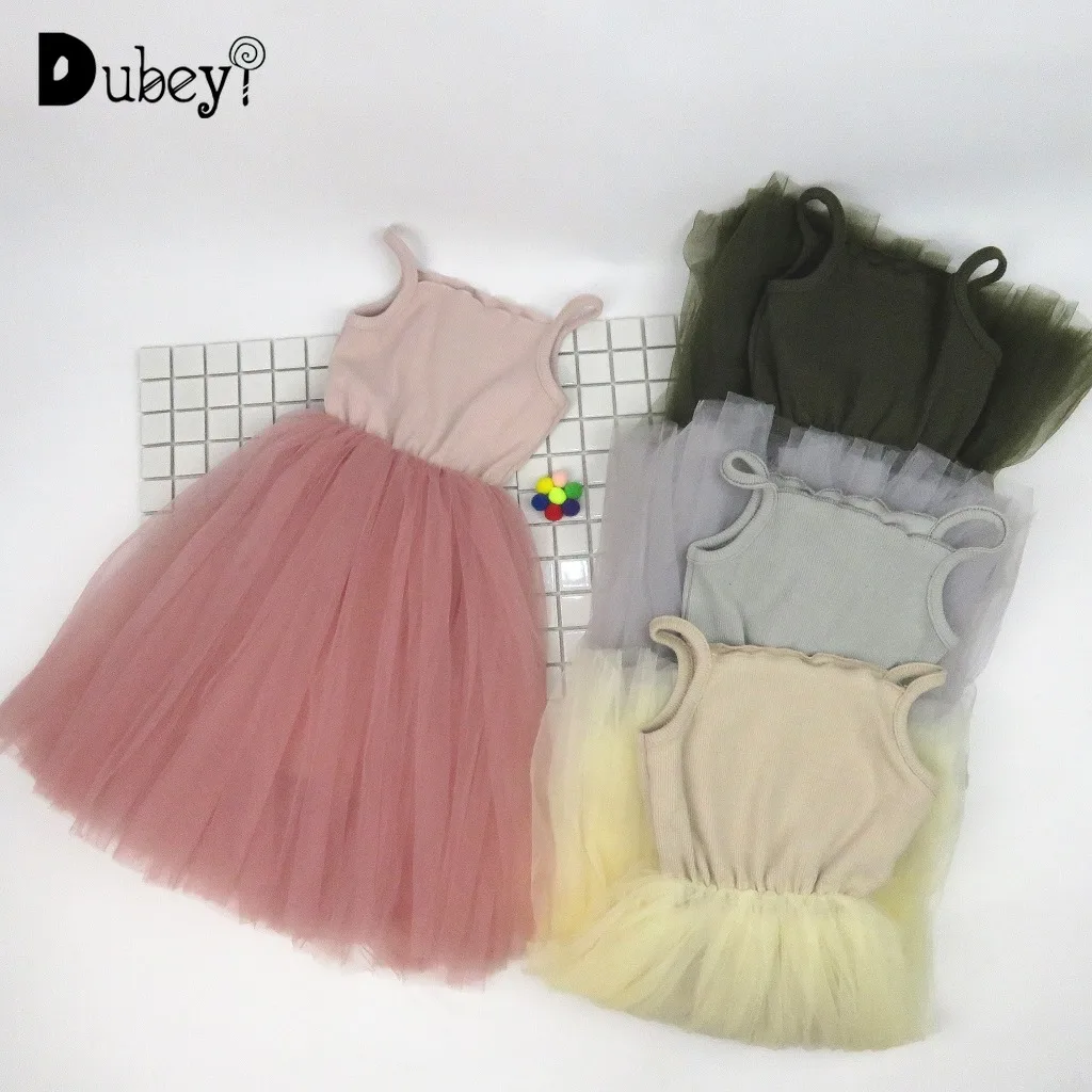 

INS Children Girl's Cotton Solid Color Gauze Sling Casual Dress Baby Girl Brief Knitting Tulle Tutu Party Dress
