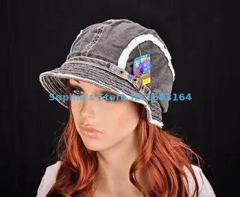 

M196 Black Cute Stripes Cotton Sun Hat Brim Cap Bucket Summer Women's NWT