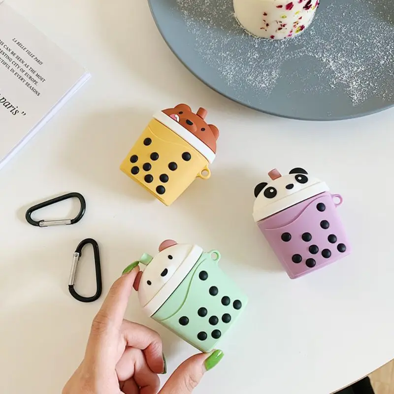 

Unique Bear Milk Tea Cup Pattern Soft Silicone Protective Cover Shockproof Case Skin with Carabiner for Airpods 1/2 Charging Box