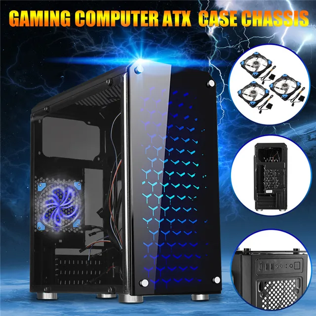 Special Price Pro Gaming Computer ATX PC Case Chassis USB 3.0 + 3 Blue Glowing Cooling Fans Computer Cases & Towers  Computer Components