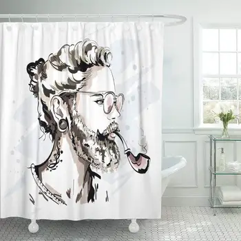 

Shower Curtain with Hooks Stylish Handsome Man with Beard and Pipe in Sunglasses Cool Hipster Portrait Sketch Bathroom