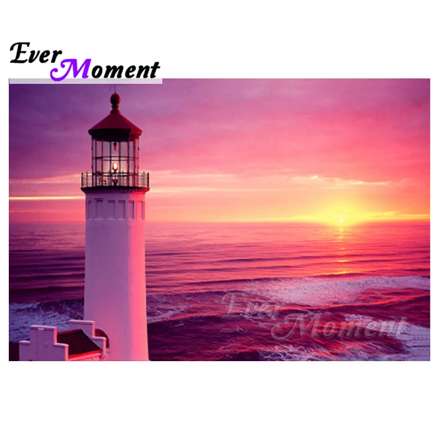 

Ever Moment Diamond Painting Sea Sunset Lighthouse Scenery Cross Stitch Picture Mosaic Diamond Embroidery Full Square S2F936