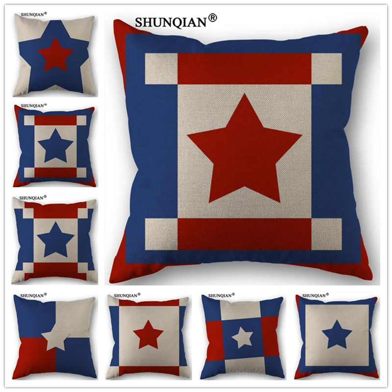 C4113 European red and blue star pillowcase 18x18 Inch Woven Cotton