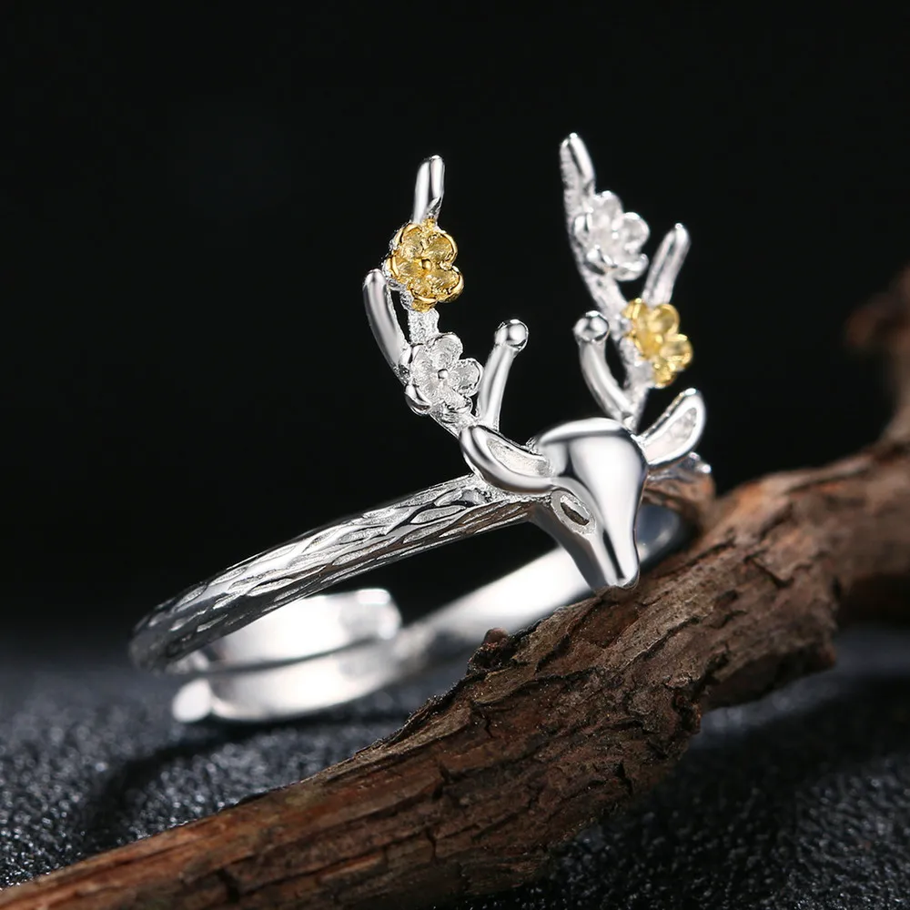 Double Fair Exquisite Plum antlers 100% 925 Sterling Silver Rings Adjustable Gold & Silver Two Colors Ring For Women DFRY064